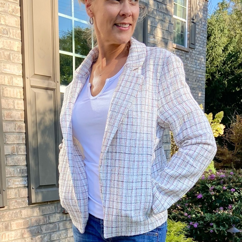 Cream Tweed Plaid Blazer with Burgundy & Gold Accents